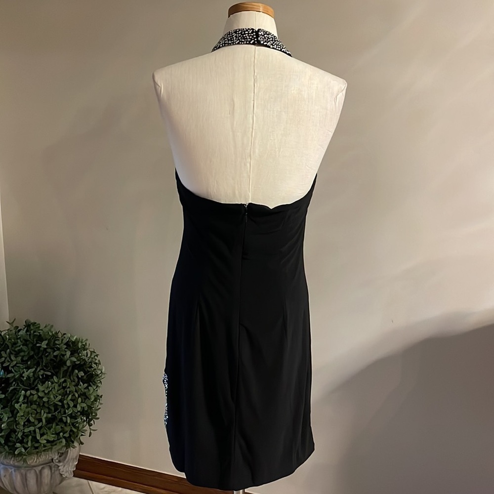 1. STATE cocktail black mini dress rhinestones halter neck/slit zipped open back - Picture 9 of 16